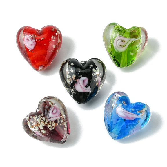 100pcs Luminous Handmade golden Sand Lampwork Beads Glow in the Dark Heart Mixed color 20.5x20.5x12mm Hole: 1.6mm