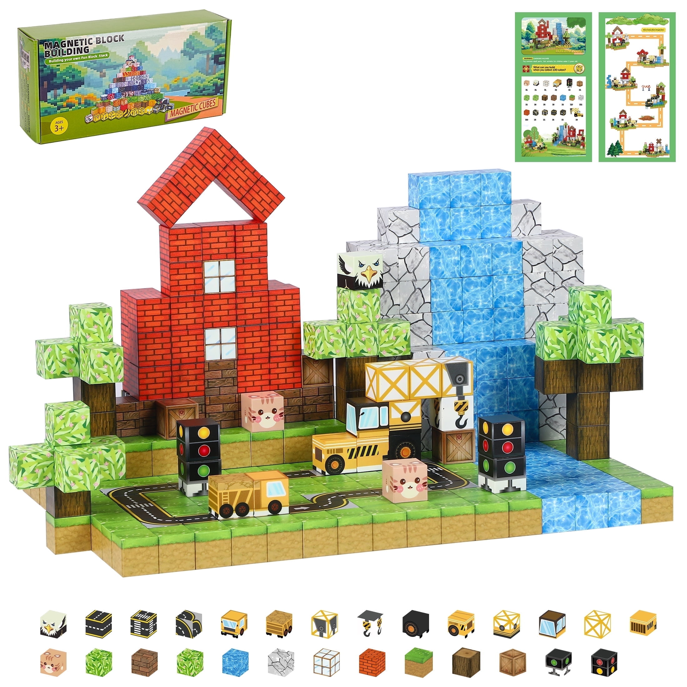 Crtynell 100pcs Magnetic Blocks - Build Magnet World Tiles Road Track Set For Boys & Girls Age 3-5 6-8, Sensory Toys for Toddlers Birthday Gifts for 3+ Years Old Girls Boys