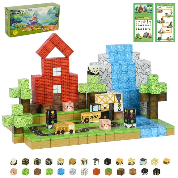 Crtynell 100pcs Magnetic Blocks - Build Magnet World Tiles Road Track Set For Boys & Girls Age 3-5 6-8, Sensory Toys for Toddlers Birthday Gifts for 3+ Years Old Girls Boys
