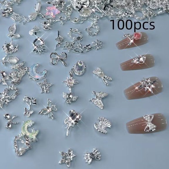 100pcs Metal Nail Art Decorations Mixed Set, Alloy Rhinestones, Various Designs, with Flower, Butterfly, Heart And Star Designs