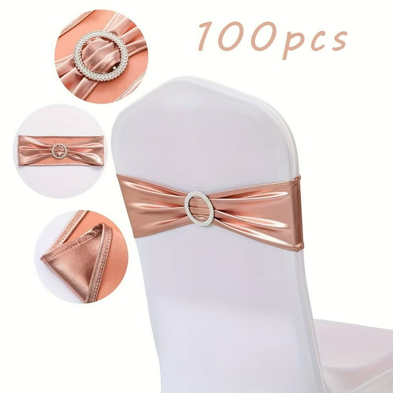 100pcs Metal Spandex Chair Strap, Stretch Chair Bow Buckle Slider, Universal Elastic Seat Strap For Wedding Party Banquet Decoration (Golden, Silver, Rose Golden Optional)