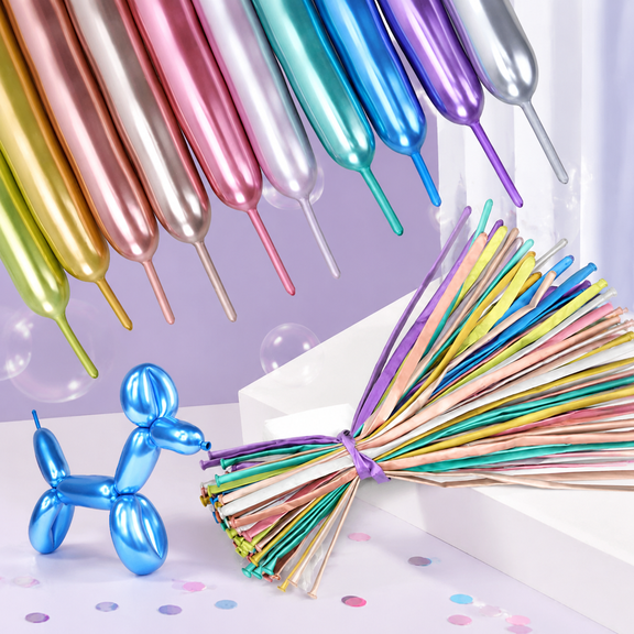 100pcs Metallic 260 Balloons, Latex & Metal, 10 Assorted Colors, Animal Shaped Balloons for Party Decor