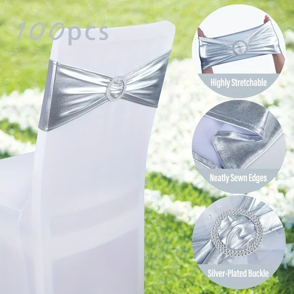 100pcs Metallic Spandex Chair Sashes, Durable Workmanship,Stretch Bows with Buckle Stretchable for Christmas Wedding Party Banquet Event Baby Shower Birthday Celebration Decoration
