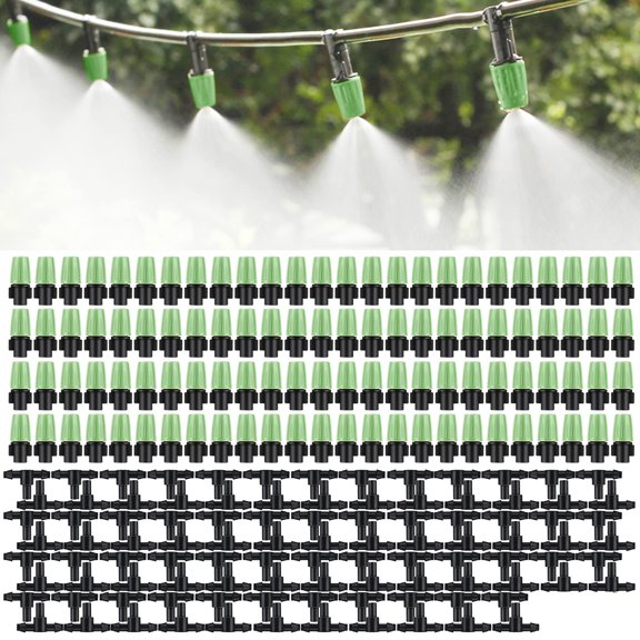 100pcs Micro Spray Adjustable Flow Irrigation Drippers, Garden drip Mister Heads with 3 Tee Misting Drip Kit(Green)