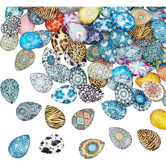 100pcs Mosaic Printed Glass Cabochons Mixed Color Drop Cabochons Mosaic Tile for Photo Pendant Jewelry Making