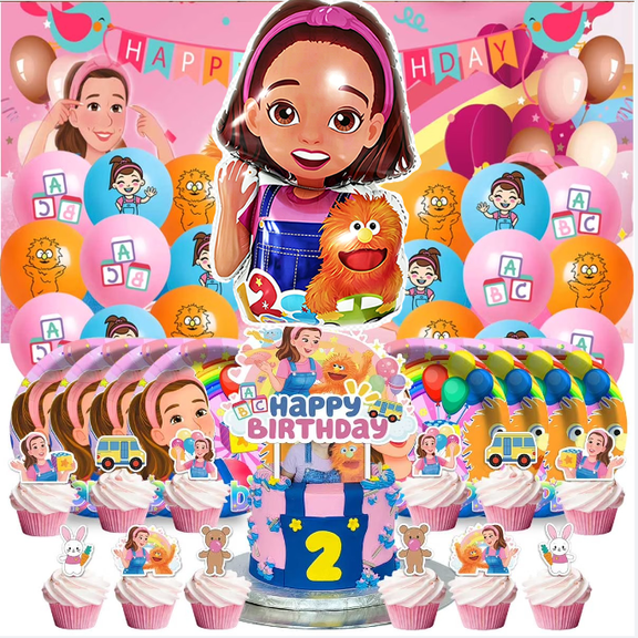 100pcs Ms Birthday Party Rachel  Supplies 33.5-inch Rachel Balloon 16pc Paper Plates Decoration Cake Topper Decor Tableware Banner Backdrop