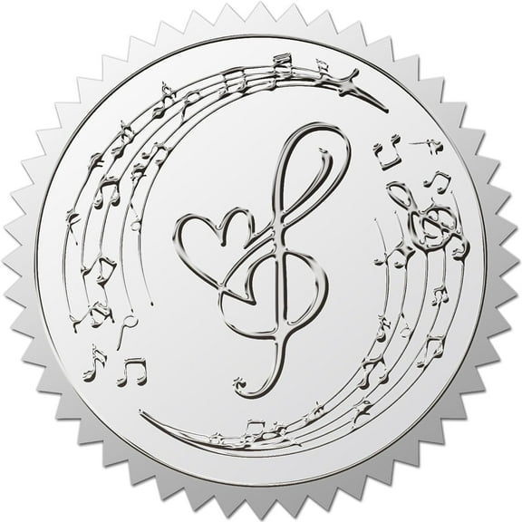 100pcs Musical Note Embossed Seals Stickers - 2" Waterproof Silver Foil Stickers Self-Adhesive Sticker Decor Labels for Wedding Gift Packaging Award Certificates Invitations Gray