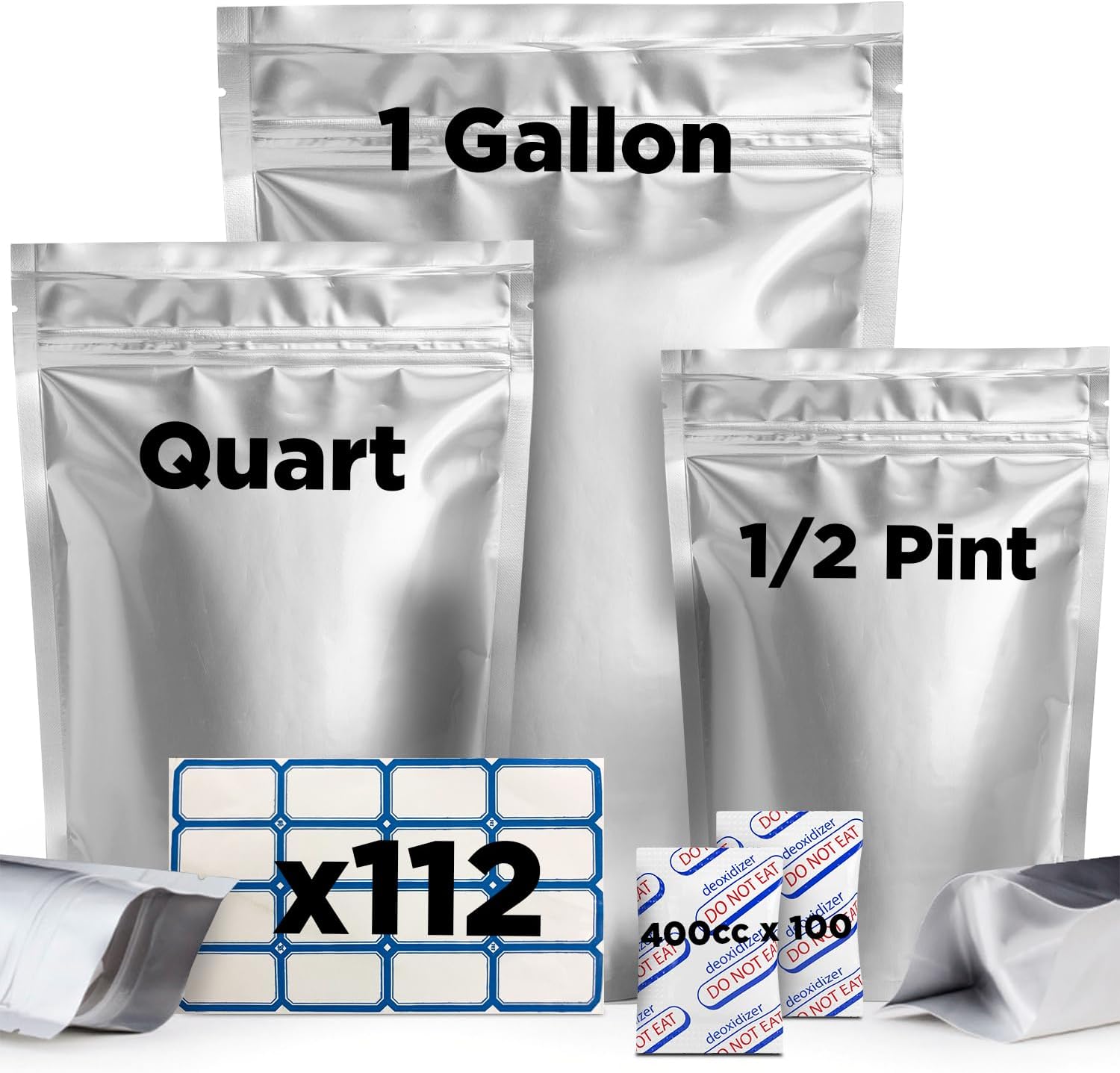100-Pack Mylar Bags With Oxygen Absorbers - 3 Sizes (1 Gallon, Quart, 1/2 Pint) For Long-Term Food Storage 2 thumbnail image