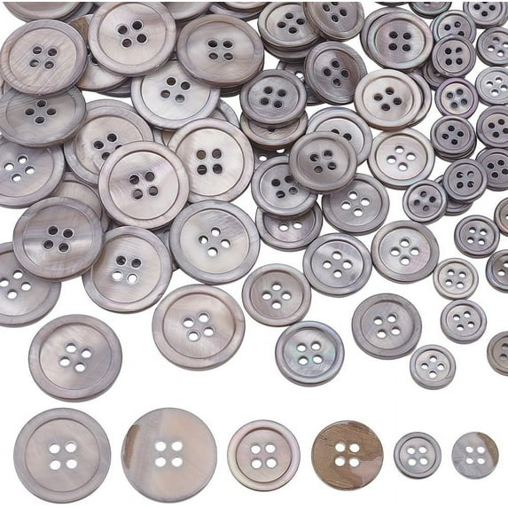 100pcs Natural Shell Buttons 4-Hole Sewing Buttons 10/15/20mm Round Shell Buttons Grey Craft Seashell Buttons for Cloth Coats Suits Jacket Blazers Jeans Skirts Sewing Craft Making