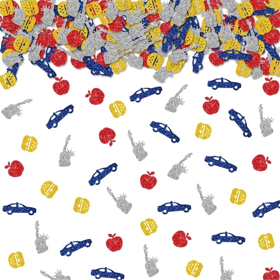 100pcs New York City Confetti, Blue&Gold Glitter Statue of Liberty Table Confetti for New York Theme Party, Taxi Apple Paper Scatters, NYC Party Table Decoration