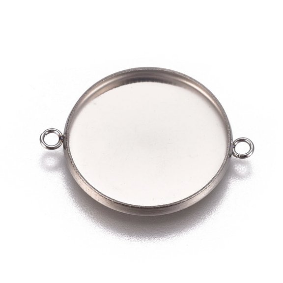 100pcs Non-304 Stainless Steel Cabochon Connector Settings Plain Edge Bezel Cups Flat Round Stainless Steel color Tray: 20mm 27.5x21.8x2mm Hole: 1.8mm
