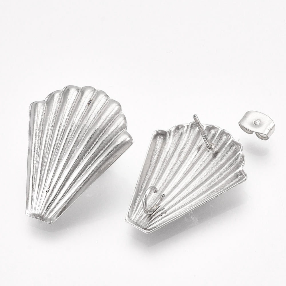 100pcs Non-Tarnish 304 Stainless Steel Stud Earring Findings with Loop and Ear Nuts/Earring Backs Scallop Stainless Steel color 26x20.5mm Hole: 3mm Pin: 0.8mm