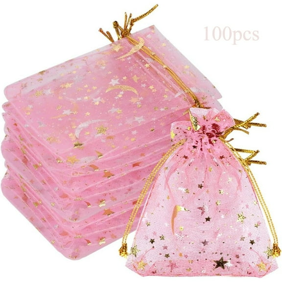 100pcs Organza Bags 4.72x3.54in Small Drawstring Bags with Moon Star Pattern for Candy/Jewelry