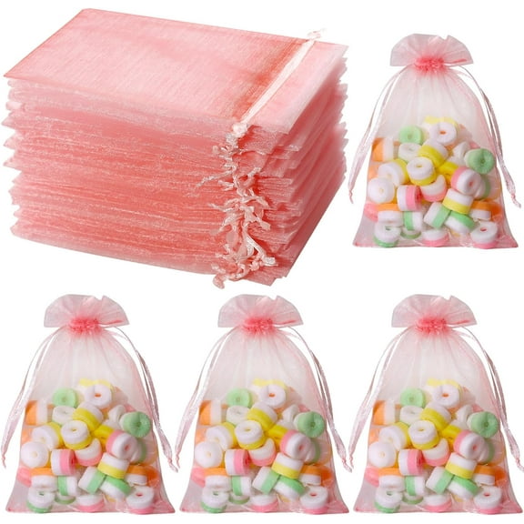 100pcs Organza Bags, Pink 4''x4.72''(10x12cm) Satin Drawstring Organza Pouch Wedding Party Favor Gift Bag Jewelry Watch Bags