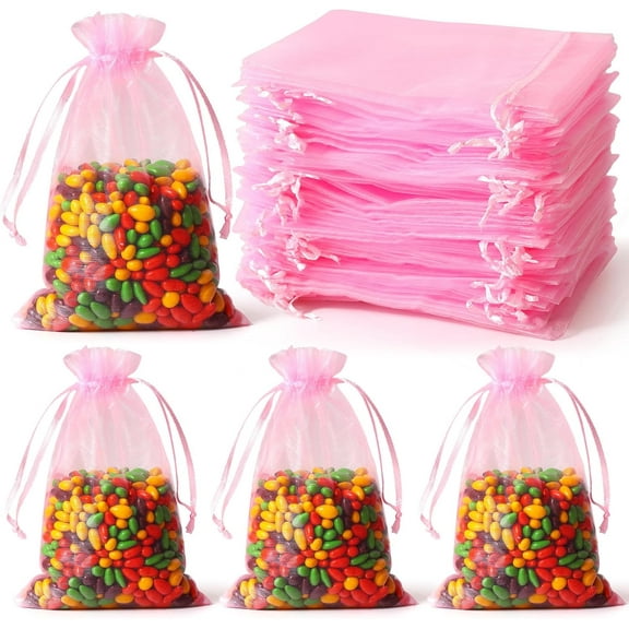 100pcs Organza Gift Bags, 4 x 6 inches Pink Wedding Christmas Favors Gift Drawstring Bags Jewelry Pouches