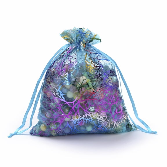 100pcs Organza Gift Bags Drawstring Bags Organza Pouches for Potpourri with Colorful Coral Pattern Rectangle Dark Turquoise 7x5cm