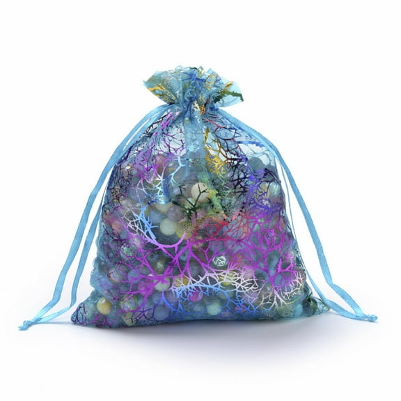 100pcs Organza Gift Bags Drawstring Bags Organza Pouches for Potpourri with Colorful Coral Pattern Rectangle Dark Turquoise 9x7cm