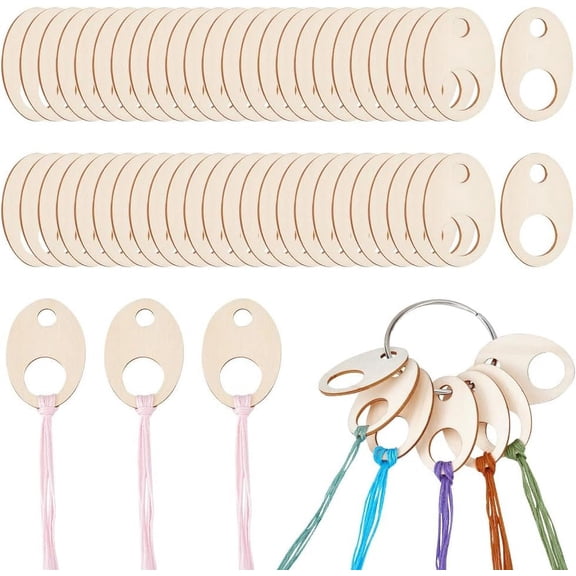 100pcs Oval Wood Thread Drops 1.9x1.3inch Wood Stitch Thread Organization with Floss Ring for Craft DIY Sewing Storage 2mm Thick Beige
