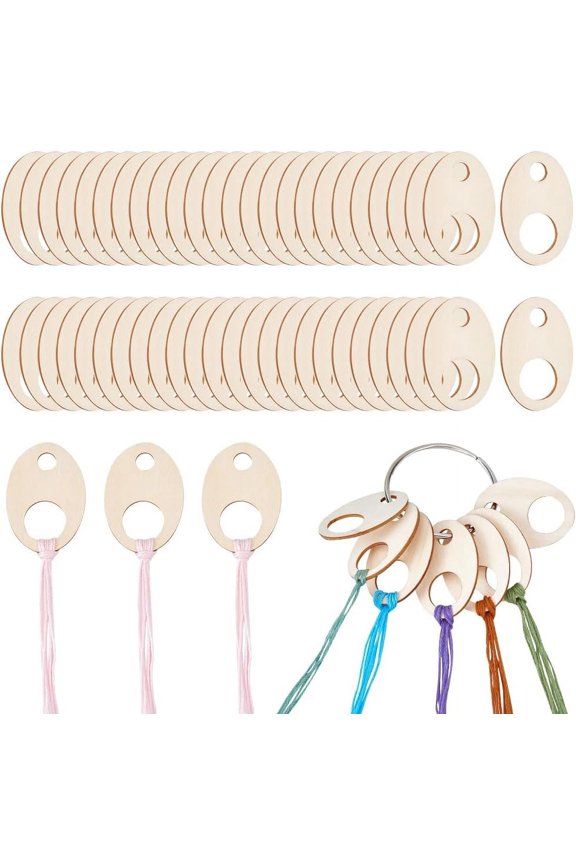 100pcs Oval Wood Thread Drops 1.9x1.3inch Wood Stitch Thread Organization with Floss Ring for Craft DIY Sewing Storage 2mm Thick Colorful