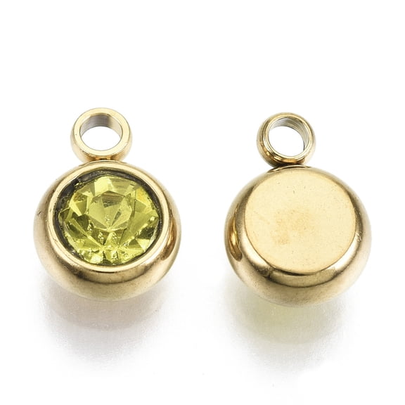 100pcs PVD Vacuum Plating 201 Stainless Steel Rhinestone Charms Flat Round Real 18K golden Plated Light Colorado Topaz 8.5x6x3mm Hole 1.5mm