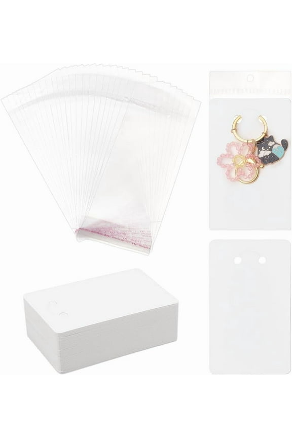 100pcs Paper Keychain Display Cards Rectangle with 100pcs OPP Cellophane Bags White Card: 12x7x0.04cm