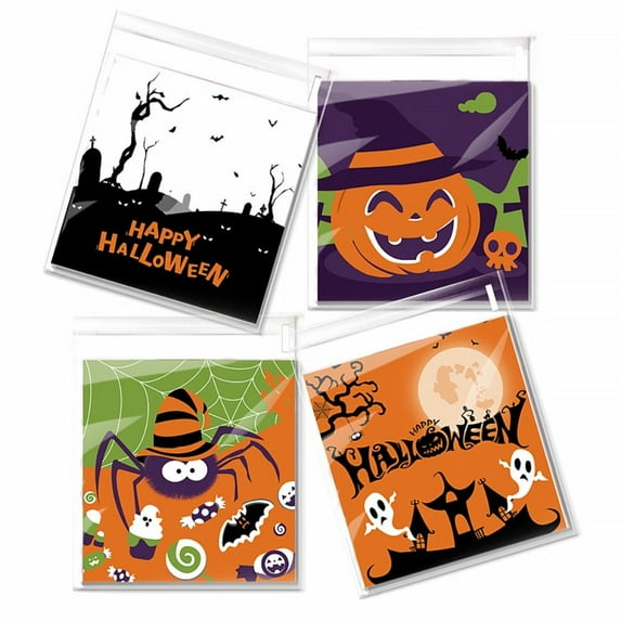 100pcs Party Supplies Halloween Decoration Self Adhesive Snack Pouch Transparent Cellophane Pumpkin Bat Snack Wrap Bag Halloween Candy Bags Halloween Baking Wrap Bag Candy Cookies Bag MIX 4 STYLES