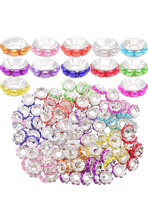 100pcs Pearl Rondelle Spacer Beads 10 mm Colorful Faux Pearls Brass Round Large Hole Loose Bead Spacers Accessories for DIY Bracelet Necklace Beaded Pens Jewelry Making