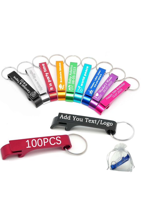 100pcs Personalized Bottle Opener Keychain Bulk Custom Engraved Text/Logo Keychains Customized Beer Bottle Opener for Bar, Graduation,Party,Wedding Favors Gift (100pcs)