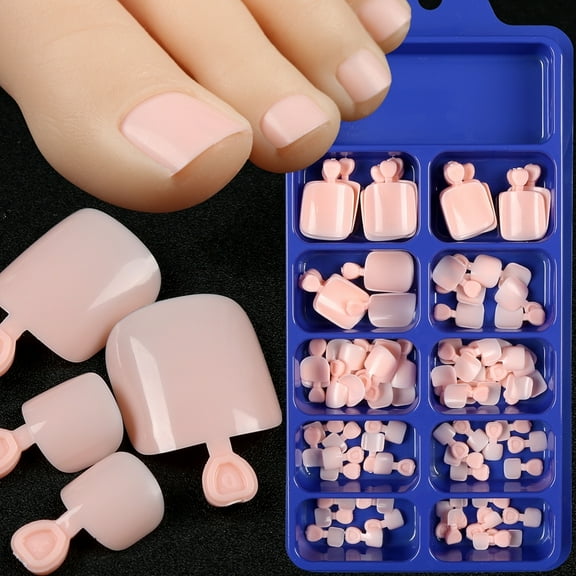 100pcs Pink Press on Toenails for Women Square Fake Toenails Nude Pink Full Cover Glue on Toe Nail Tips 10 Sizes