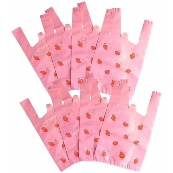 100pcs Pink Strawberry Plastic Bags Shopping Bags 7.8x13.8inch for Grocery Business Restaurant Convenience Store Small Business (100, Small)