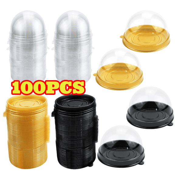 100pcs Plastic Cupcake Boxes with Clear Lids, 2.76 x 1.78 inch, for Muffins, Pastries, Desserts and Mooncakes, 50 Gold + 50 Black