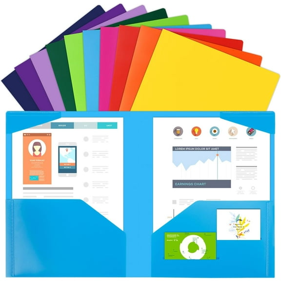 100pcs Plastic Folders with Pockets, Heavy Duty Pocket Folders with 4 Pockets for Office and School, Letter Size, 10 Assorted Colors