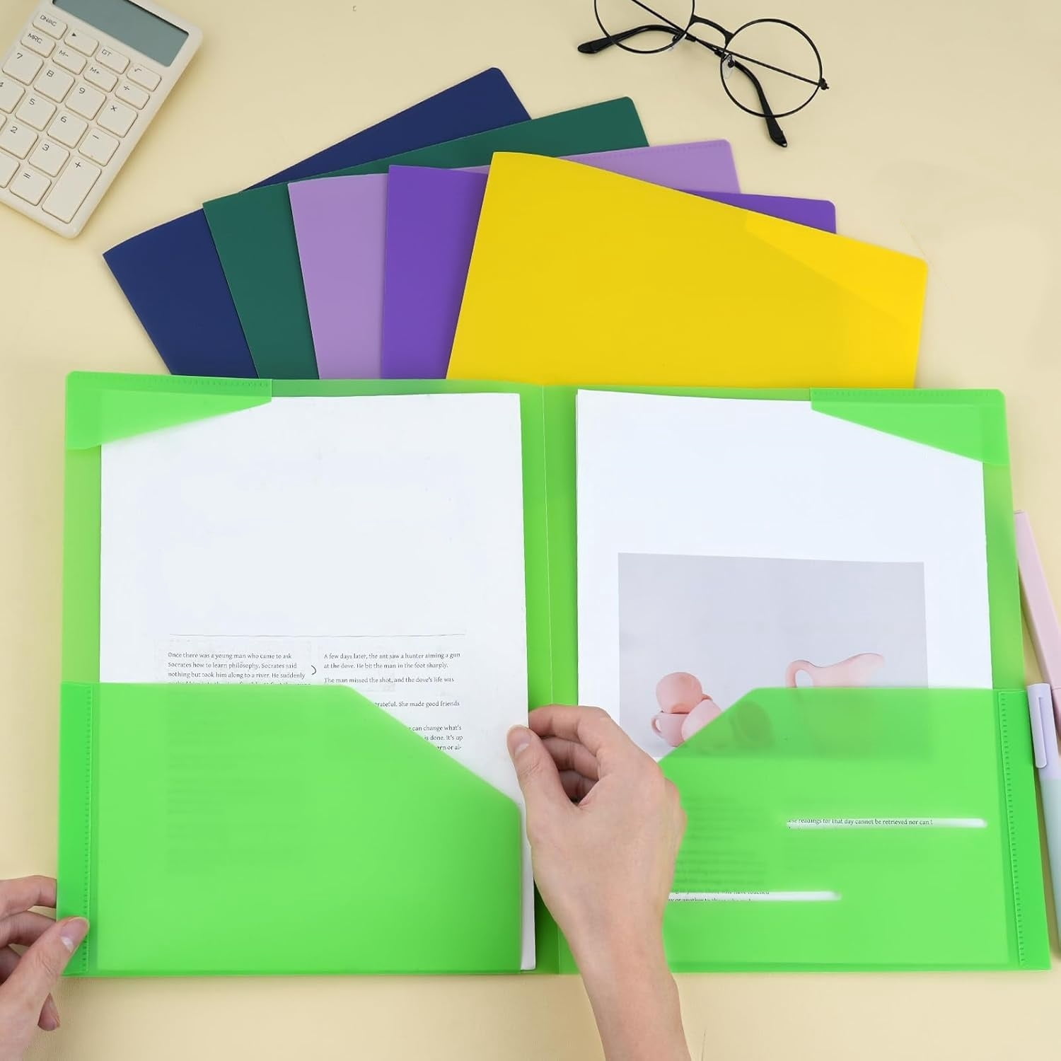 100pcs Plastic Folders with Pockets, Pocket Folders with 4 Pockets for Office and School, Letter Size, 10 Assorted Colors