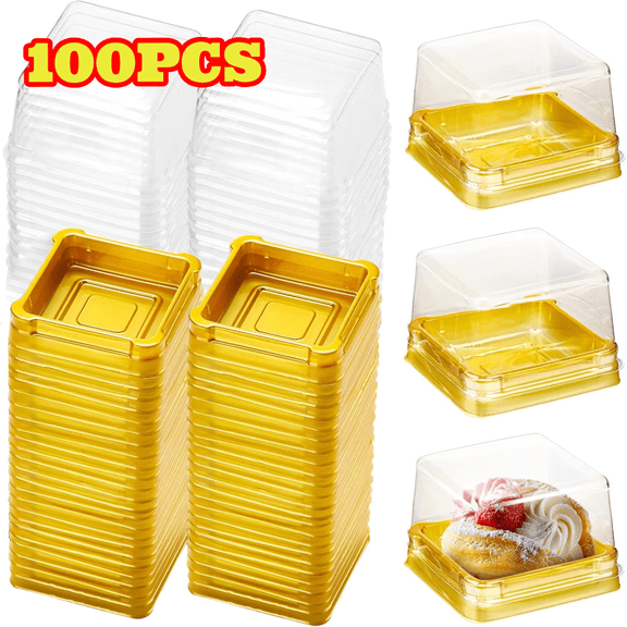 100pcs Plastic Mini Cupcake Containers, 3 inch Square Cupcake Boxes with Lids, Gold Muffin Pod Container Box for Wedding Birthday Party Supplies