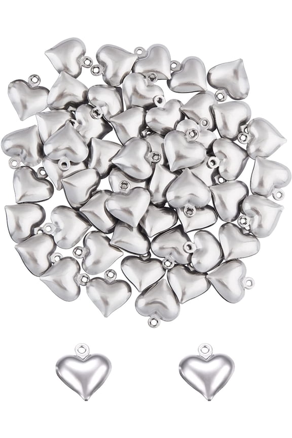 100pcs Puffy Heart Pendants - Tiny Stainless Steel Hypoallergenic Charms