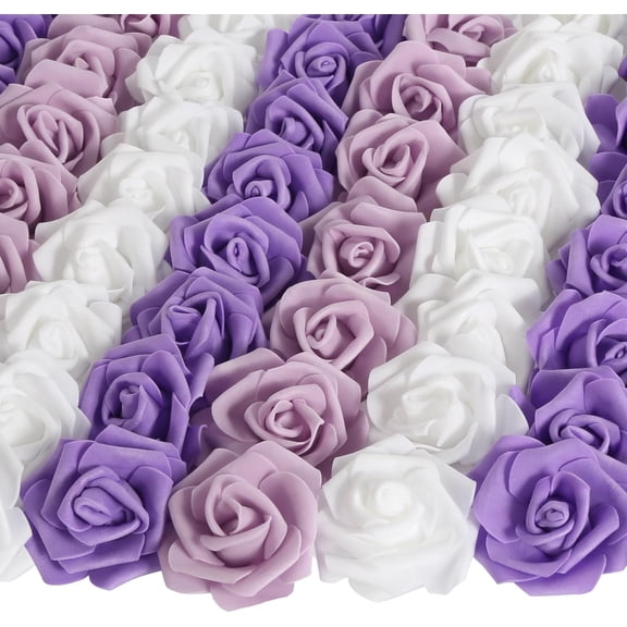 100pcs Purple Artificial Rose Flower Heads, 3inch Violet Foam Roses Bulk Stemless Fake Flower Heads for DIY Crafts,Cake Decoration Wedding,Baby Shower Flower Centerpieces(Shades of Purple)