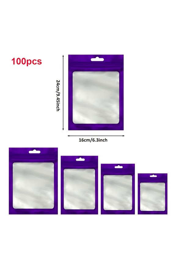 100pcs Purple Holographic Aluminum Foil Bags - Single-sided Transparent Self-sealing Reusable Storage Bags for Jewelry Nail Eyelash Accessories Data Cables
