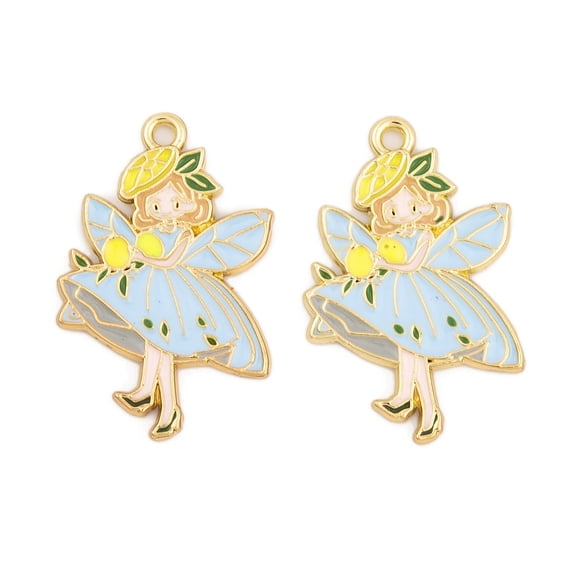 100pcs Rack Plating Alloy Enamel Pendants Golden Angel Charm Light Sky Blue 30.5x20x1.5mm Hole: 1.8mm