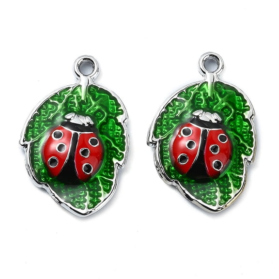 100pcs Rack Plating Alloy Enamel Pendants Nickel Free Leaf with Ladybug Charm 22x14.5x3.5mm Hole: 1.6mm