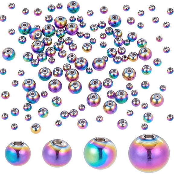 100pcs Rainbow Spacer Beads Smooth Spacer Beads 304 Stainless Steel Round Beads 4/5/6/8mm Rondelle Loose Beads Metal Beads for Stackable Necklace Bracelet Jewelry Making Rainbow Color
