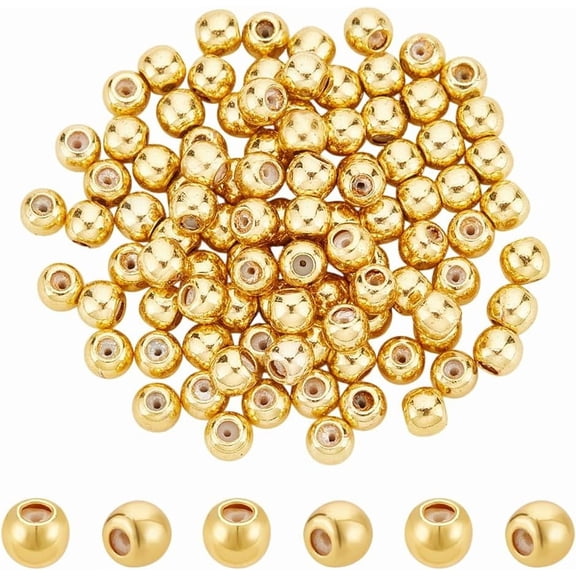 about 100pcs Real 14K Gold Plated Slider Beads 4mm Stopper Beads Golden Round Loose Beads Metal Crimp Bead Tiny Smooth Bracelet Rondelle Bead for DIY Jewelry Making Hole 0.7mmReal 14K Gold Plated