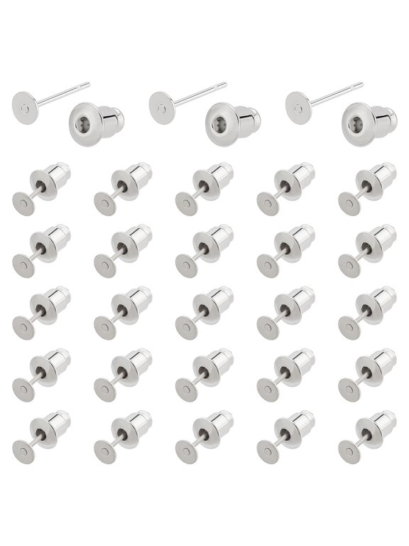 100pcs Real Platinum Plated Flat Earring Studs Minimalist Earrings Post Jewelry Findings with 100pcs Ear Nuts for DIY Jewelry Making 12x0.6mm