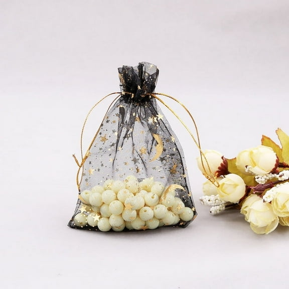 100pcs Rectangle Organza Drawstring Bags golden Stamping Moon and Star Pattern Black 9x7cm
