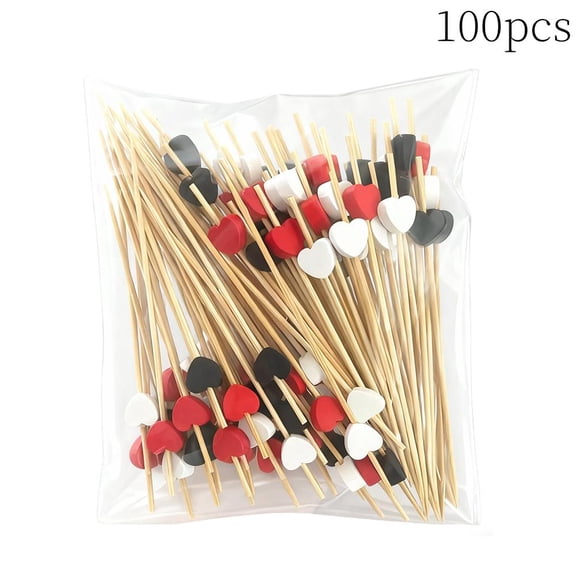 100pcs Red Heart Cocktail Picks - 4.7 Inch Bamboo Fruit Sticks for Parties, Valentine's Day Decorations, Appetizers & Desserts