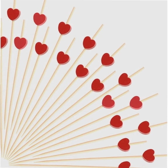 100pcs Red Heart Cocktail Picks 4.7" Long Fruit Sticks Food Toothpicks Sandwich Appetizer Charcuterie Skewers, Handmade of Bamboo Wood, for Birthday, Wedding, Valentines Day Decoration Party Supplies