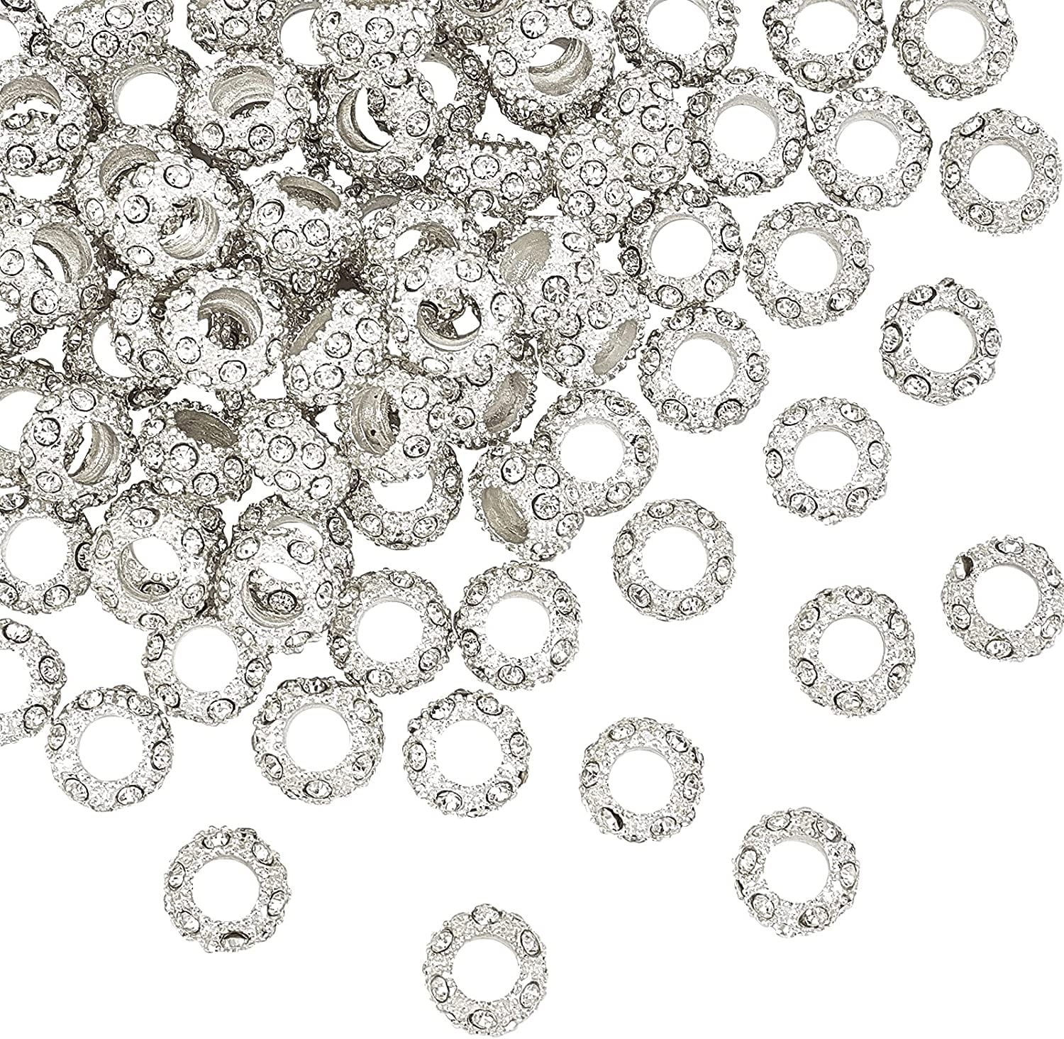 100pcs Rhinestone Large Hole Beads Diamond European Beads Garden Decor Beaded Rondelle Slide Spacer Beads Hair Beads Fit Bracelet Snake Chain Yard Patio Plant Pot Flower Decor Hole: 5mmClear