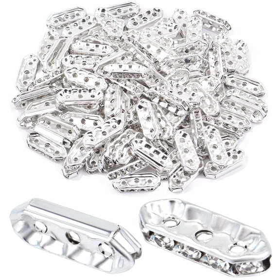 100pcs  Rhinestone Spacer Bars 3 Holes Crystal Spacer Beads Connector Loose Beads for DIY Multi Strand Bracelet Jewelry Making, Silver 17.5x7mm