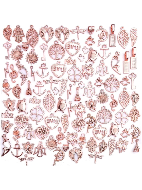 100pcs Rose Gold Mixed Styles Pendant Charms Vintage Alloy Handmade Decorative Pendants for Diy Necklace Jewelry Making Crafts Supplies