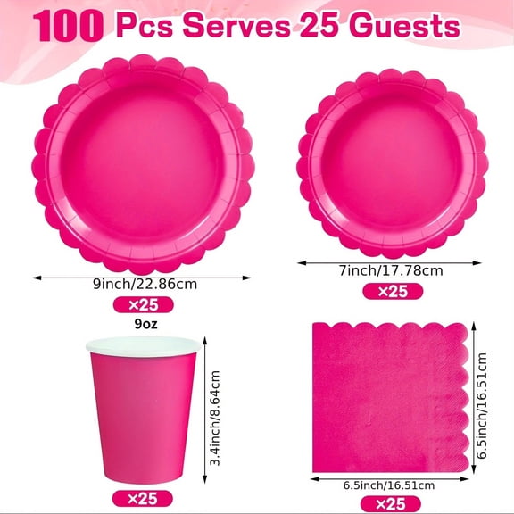 100 Pcs Rose Red Party Cutlery Set, Plastic Disposable Dinnerware for 25 Guests, Plates Forks Knives Spoons for Birthday Wedding Picnic