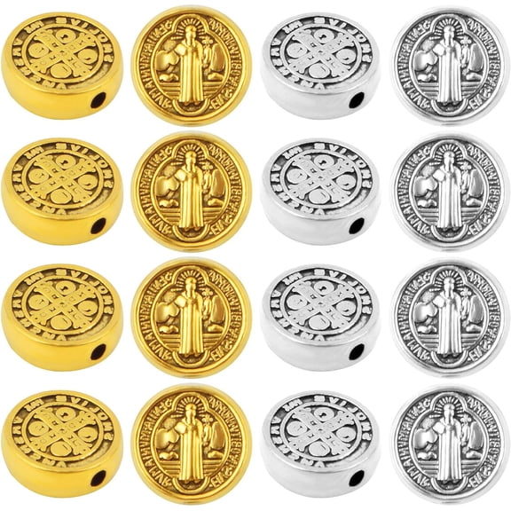 100pcs Round Double-Sided Jesus Cross Spacer Beads Catholic Saint Benedict Beads Religious Loose Beads for DIY Rosary Bracelet Necklace Jewelry Making, 2 Colors,9.5 mm